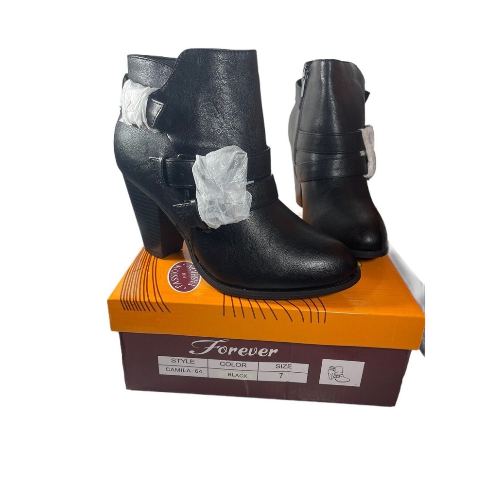 Forever Women's 7 Camila-64 Buckle Strap Chunky Heel Ankle Riding Booties Boots